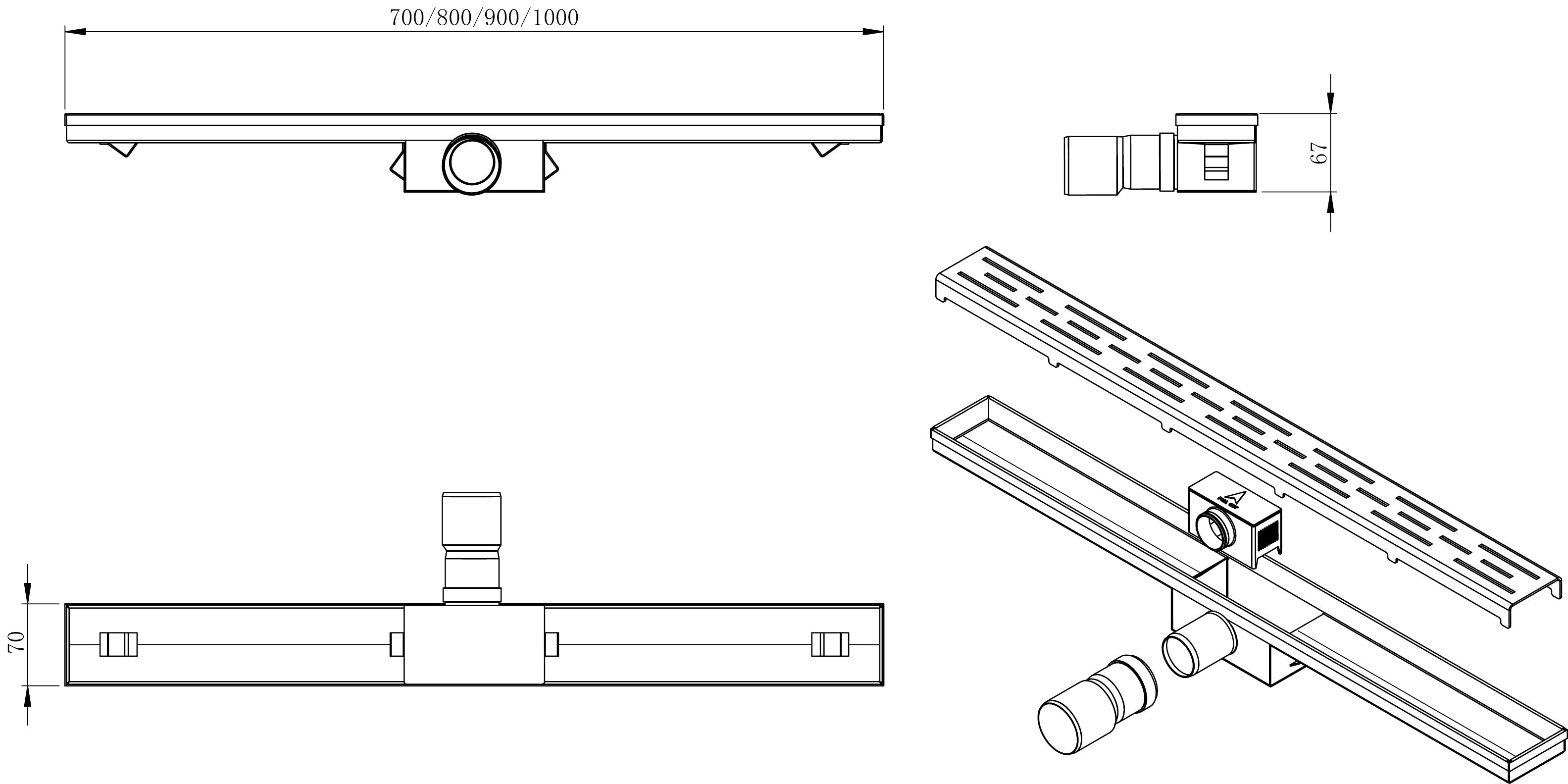 3e generatie douchegoot met rooster 70 x 7 cm RVS