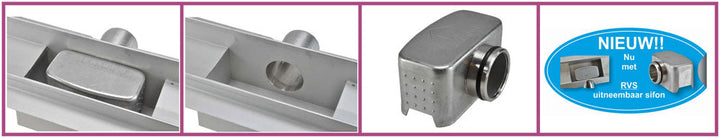 3e generatie douchegoot met muurflens en rooster 100 x 7 cm RVS