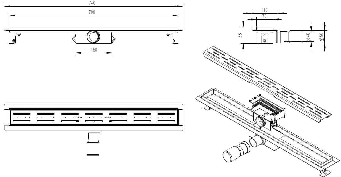 Zwarte doucheafvoer Wiesbaden met flens en verwijderbare sifon 70 x 7 cm, 6,7 cm diep in matzwart