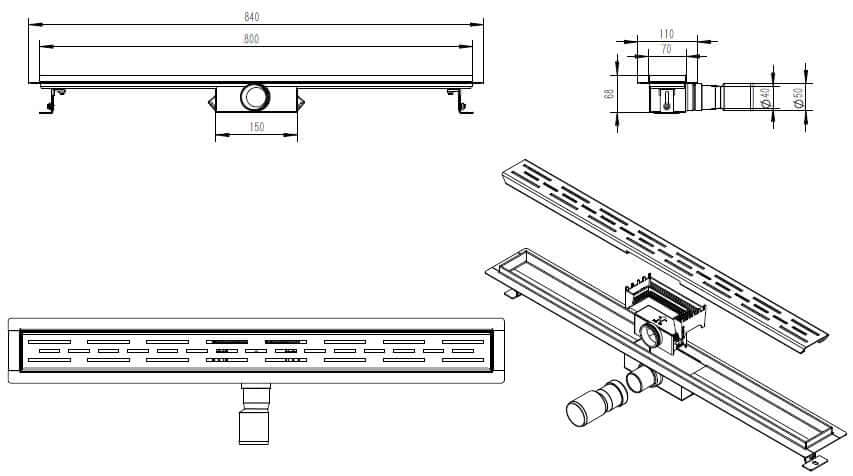 Zwarte doucheafvoer Wiesbaden met flens en verwijderbare sifon 80 x 7 cm, 6,7 cm diep in matzwart