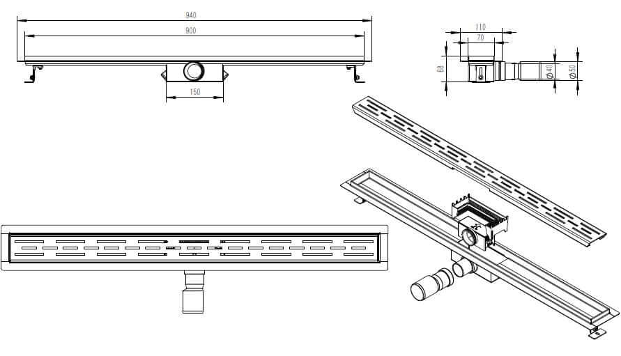 Zwarte doucheafvoer Wiesbaden met flens en verwijderbare sifon 90x7cm, 6,7cm diep in matzwart