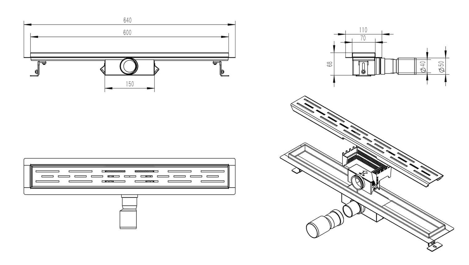 60x7 cm Douchegoot Wiesbaden met Flens Mat Zwart