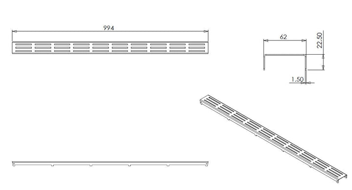 Wiesbaden rooster type 1 voor 3e generatie douchegoot 100 x 7 cm RVS