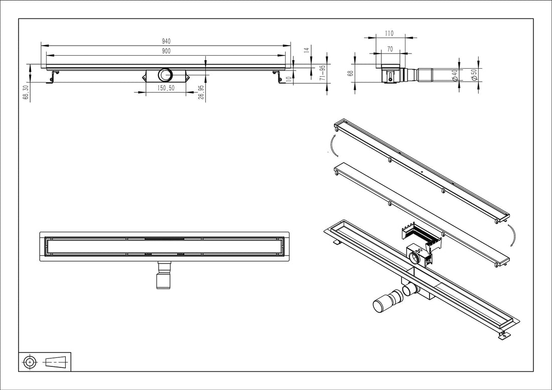 Douchegoot met flens en tegelrooster 90 x 7 cm geborsteld messing PVD