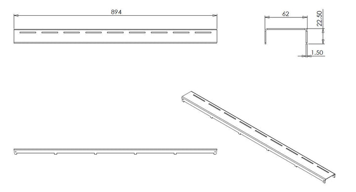 Wiesbaden rooster type 4 voor 3e generatie douchegoot 90 x 7 cm RVS