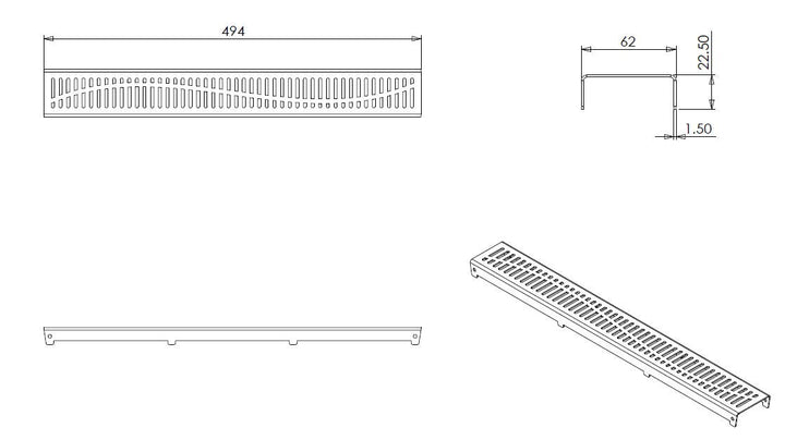 Wiesbaden rooster type 5 voor 3e generatie douchegoot 50 x 7 cm RVS