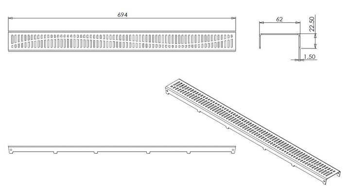 Wiesbaden rooster type 5 voor 3e generatie douchegoot 70 x 7 cm RVS