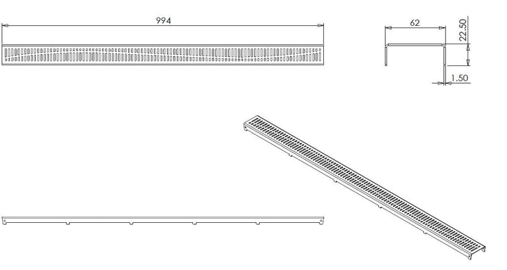 Wiesbaden rooster type 5 voor 3e generatie douchegoot 100 x 7 cm RVS