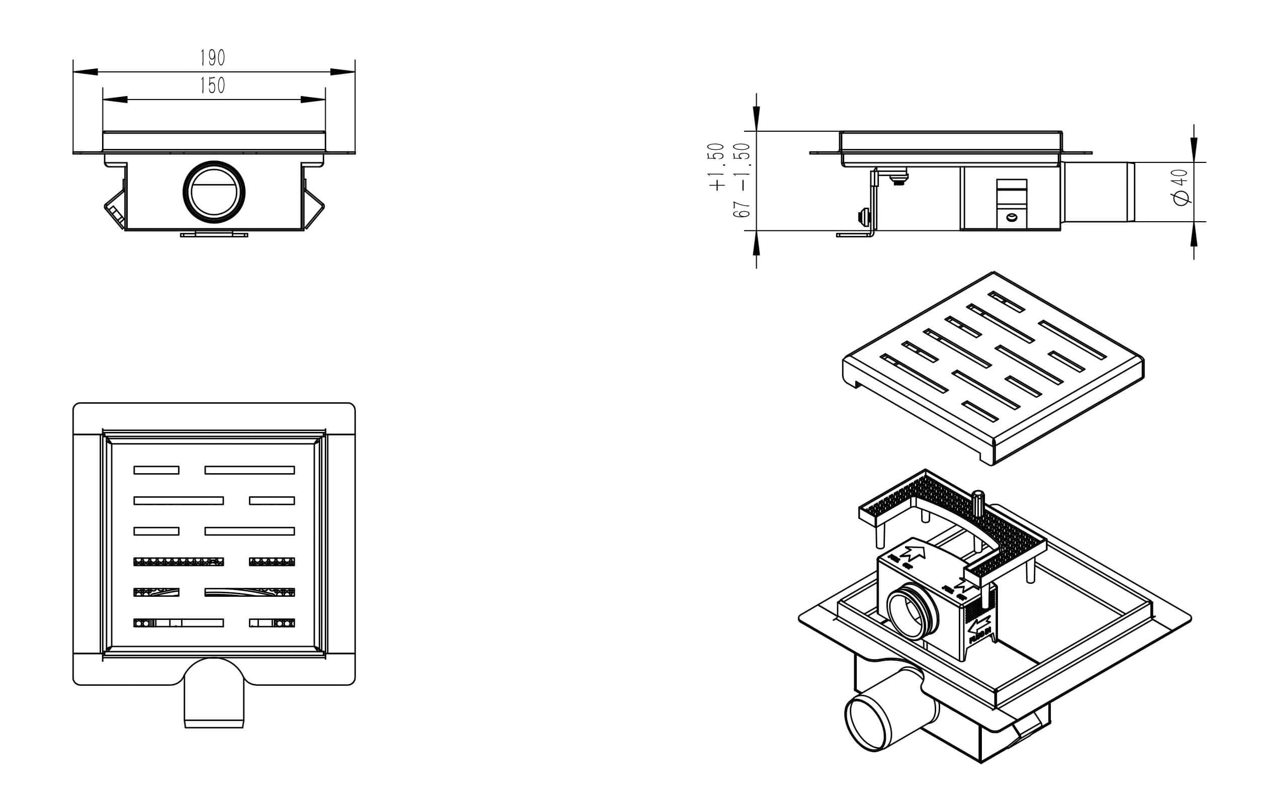 Wiesbaden Mat Zwart 15x15 cm Douchegoot met Flens en Zijuitlaat