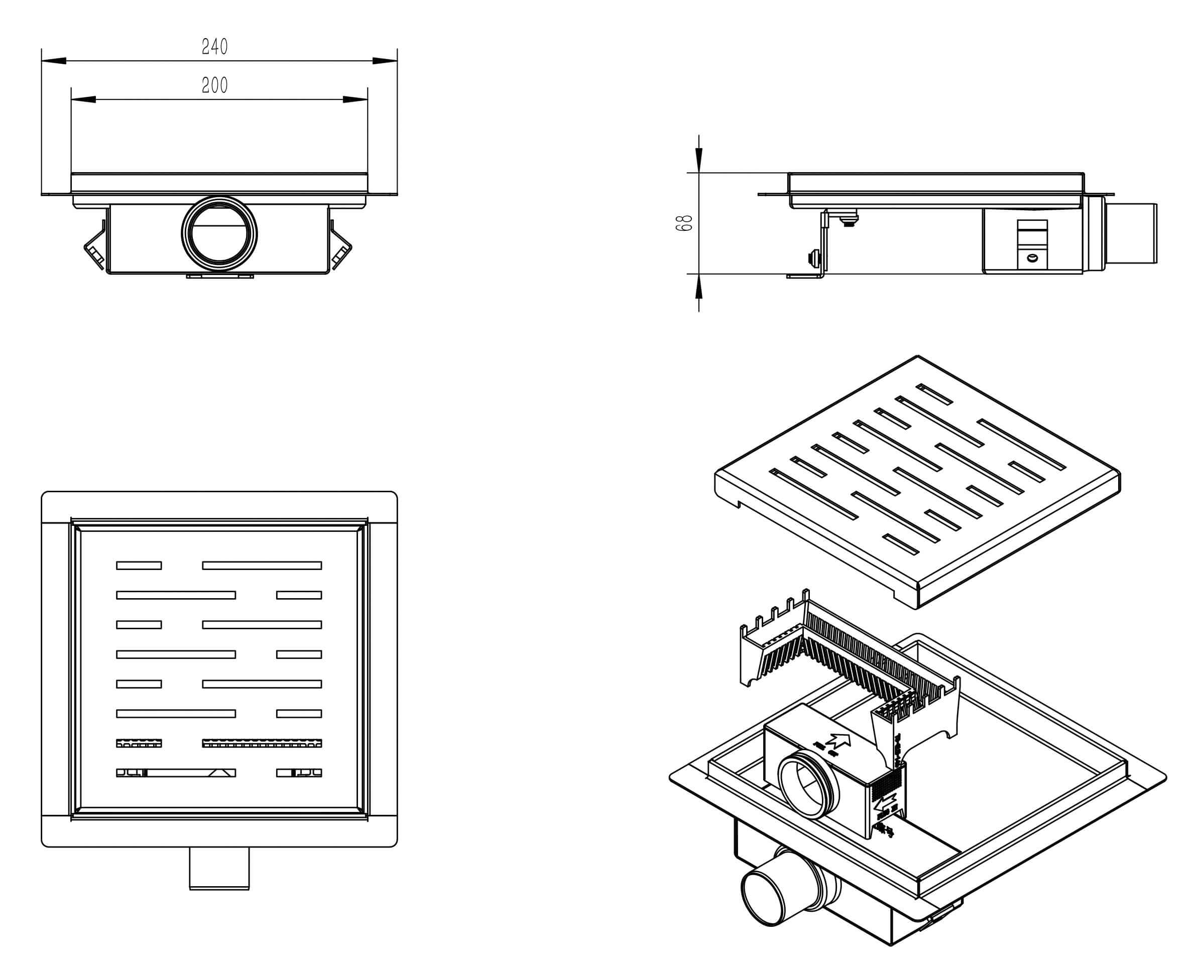 Wiesbaden Mat Zwart 20x20 cm Douchegoot met Flens en Zijuitlaat