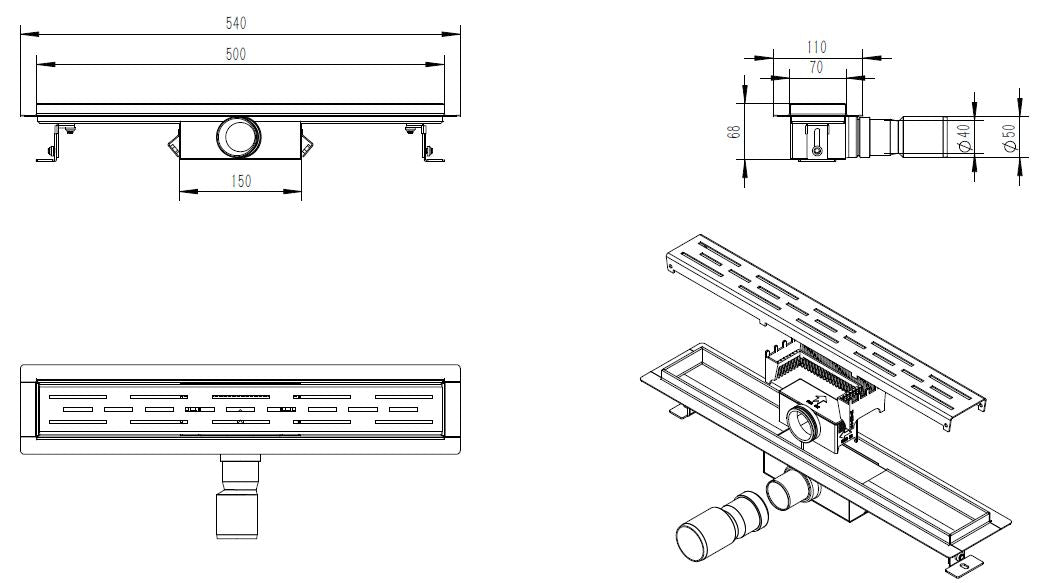Eco douchegoot met flens en rooster 50 x 7 cm RVS