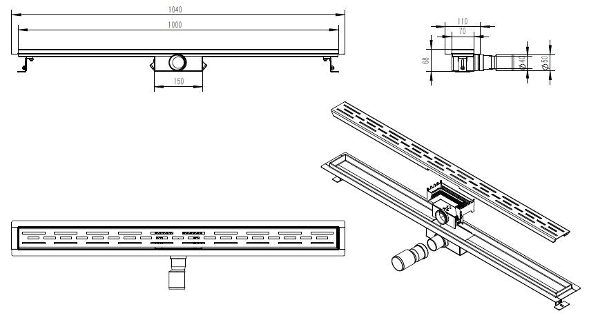 100x7 cm Douchegoot Wiesbaden met Flens 6,7 cm Diep Brons