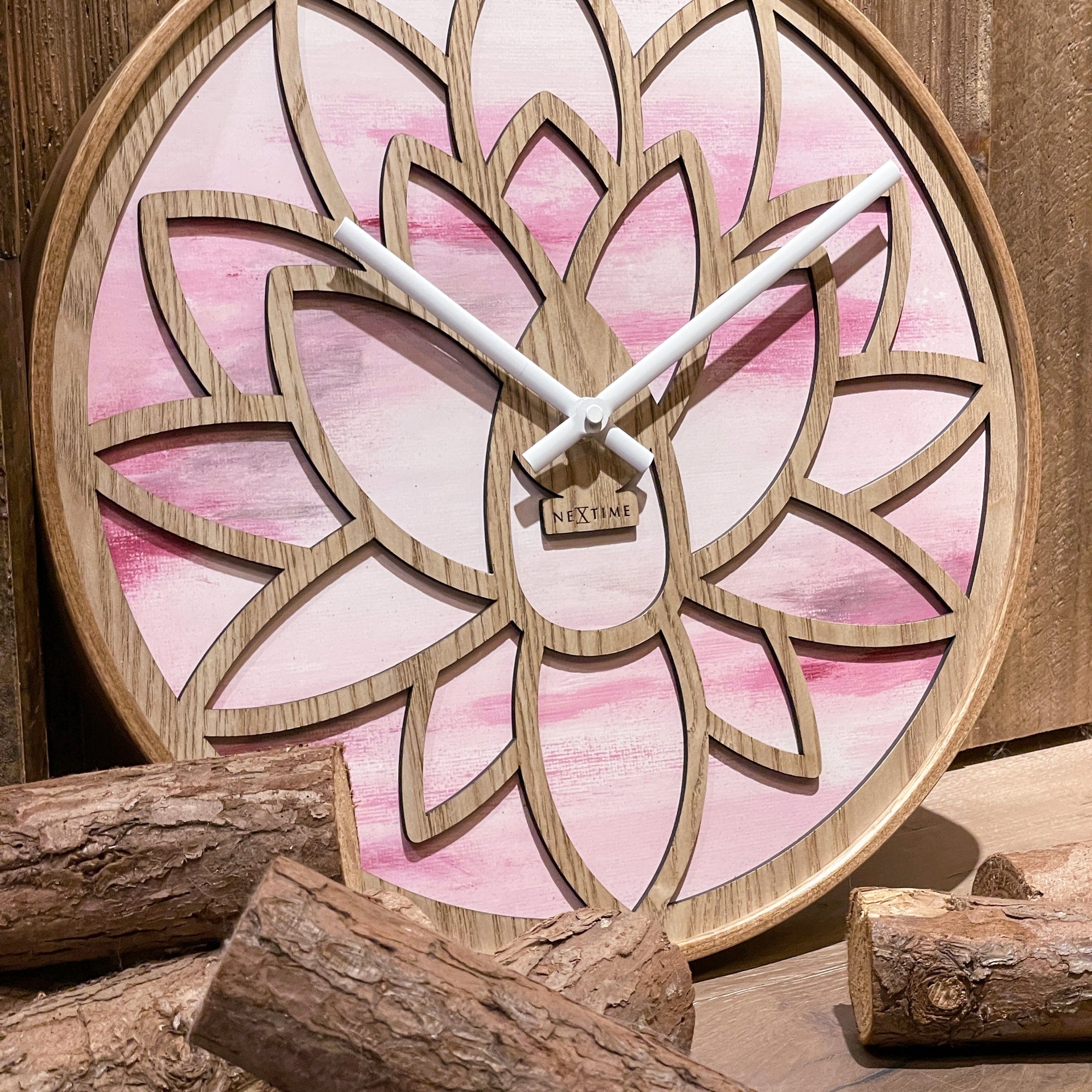 Wall clock 40cm - Silent - Pink - Wood - "Lotus" - Goat Corp