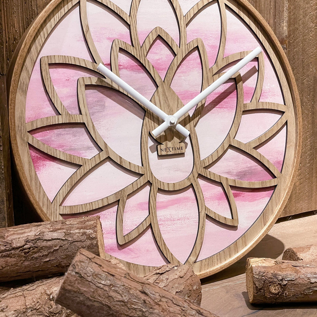 Wall clock 40cm - Silent - Pink - Wood - "Lotus" - Goat Corp