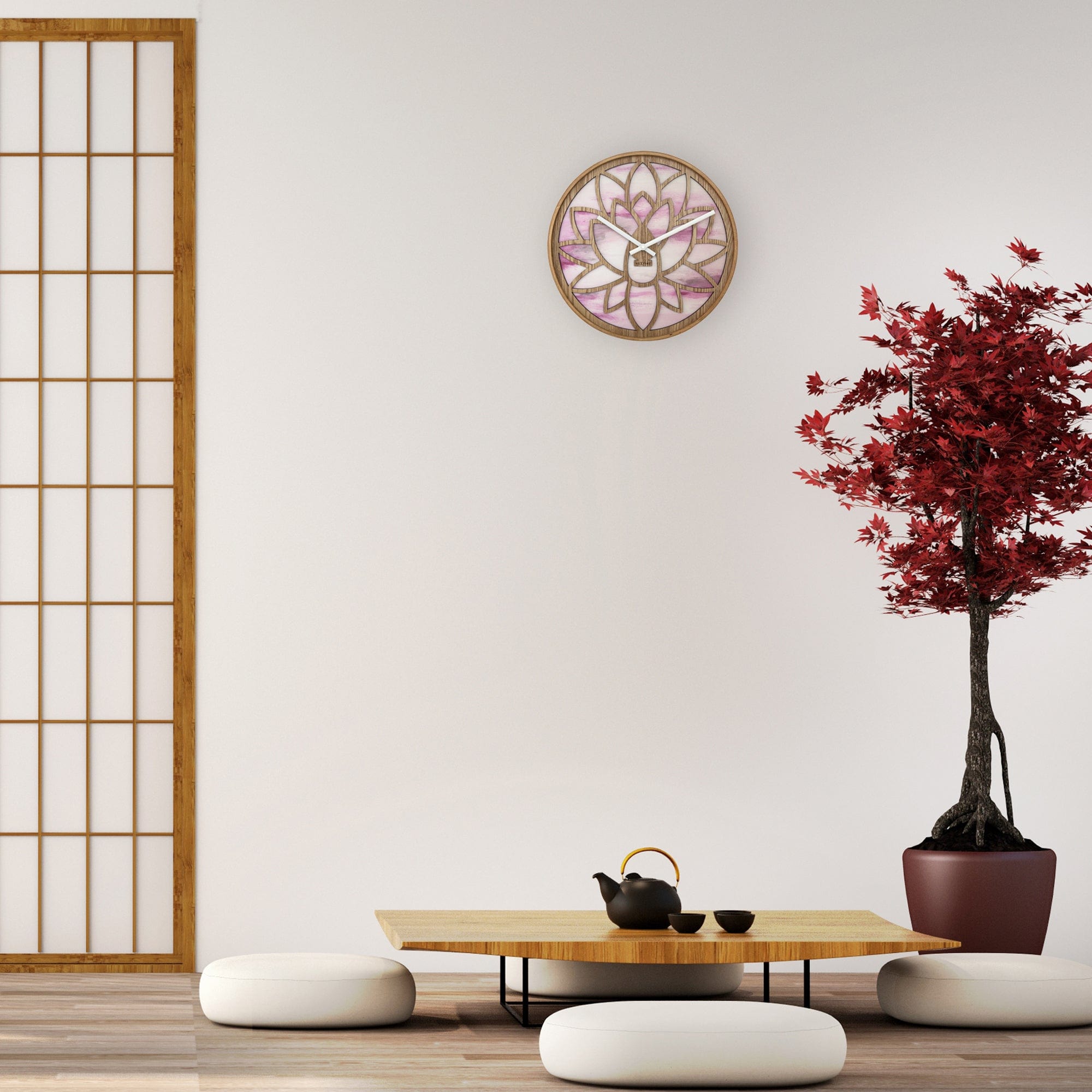 Wall clock 40cm - Silent - Pink - Wood - "Lotus" - Goat Corp
