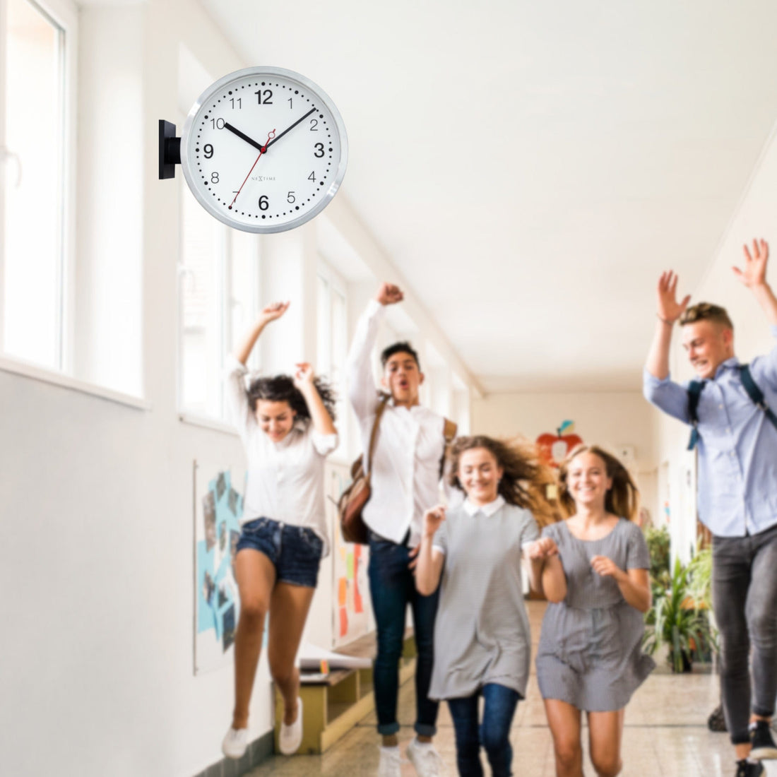 Wall clock 32.3x28x10cm-Silent-White & Black-Aluminium-NeXtime 'Double' - Goat Corp