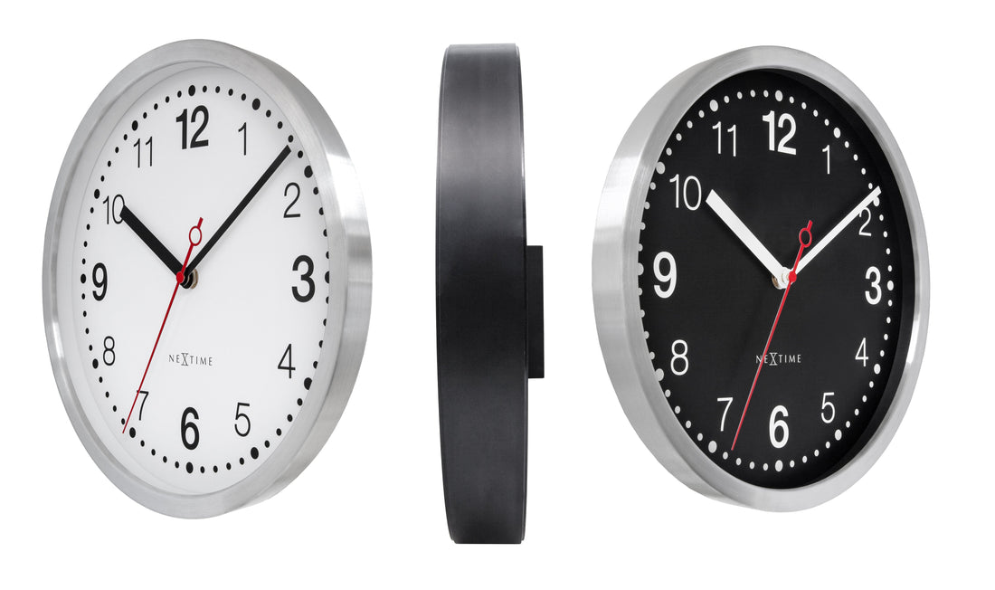 Wall clock 32.3x28x10cm-Silent-White & Black-Aluminium-NeXtime 'Double' - Goat Corp