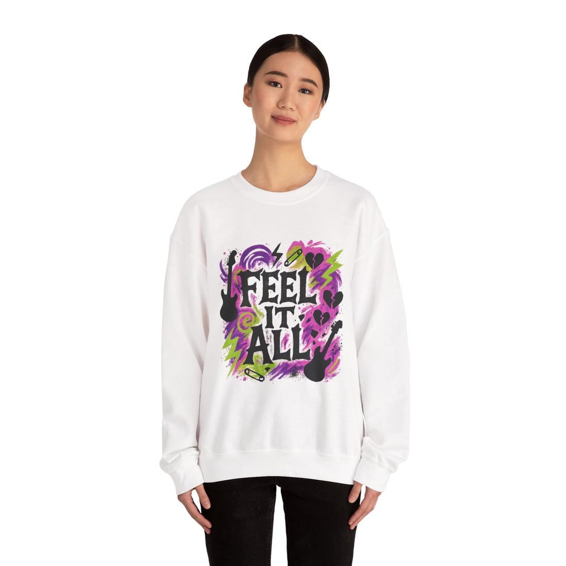 Feel It All Crewneck Sweatshirt — Retro Neon Music Graphic