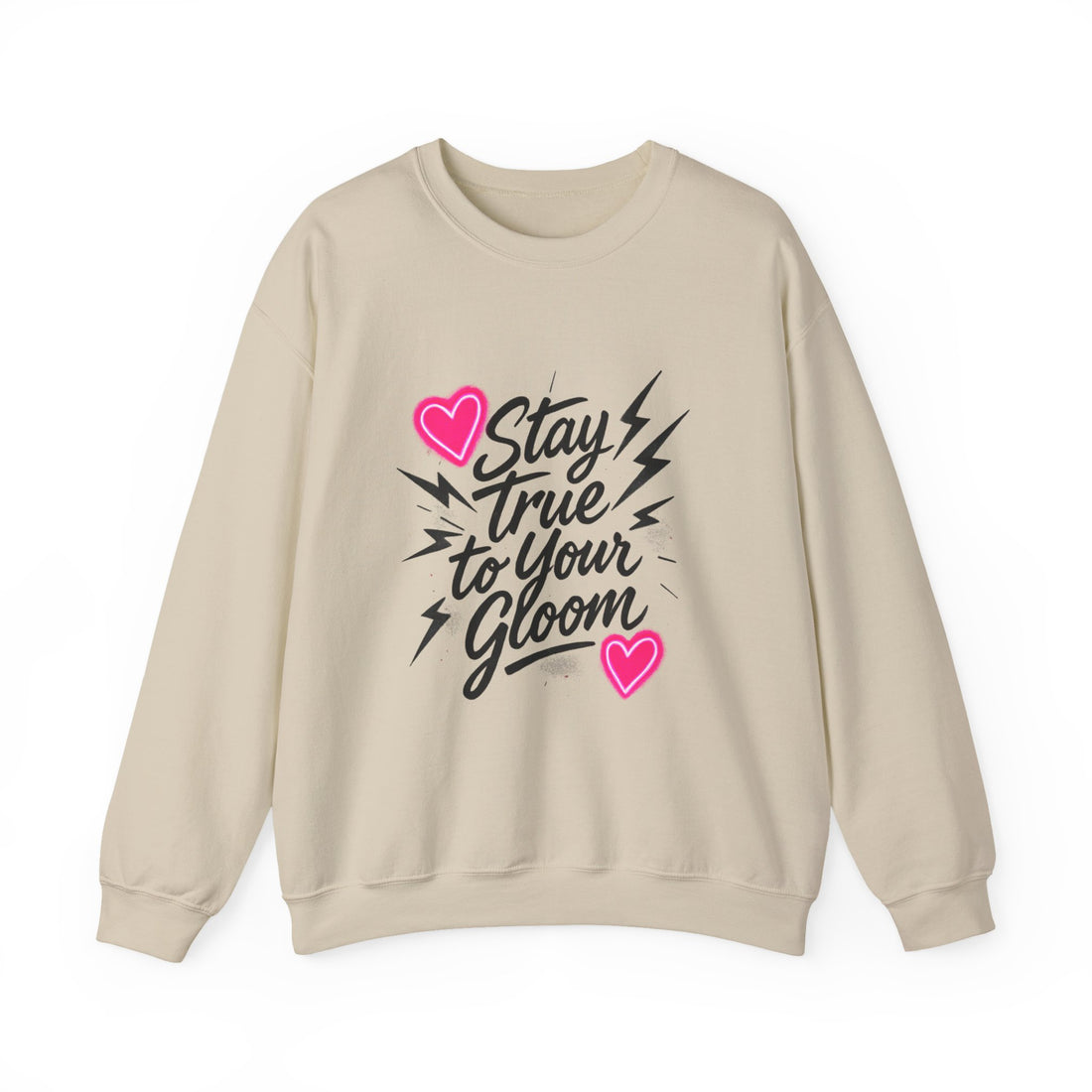 Crewneck Sweatshirt — "Stay True to Your Gloom" Pink Heart Graphic