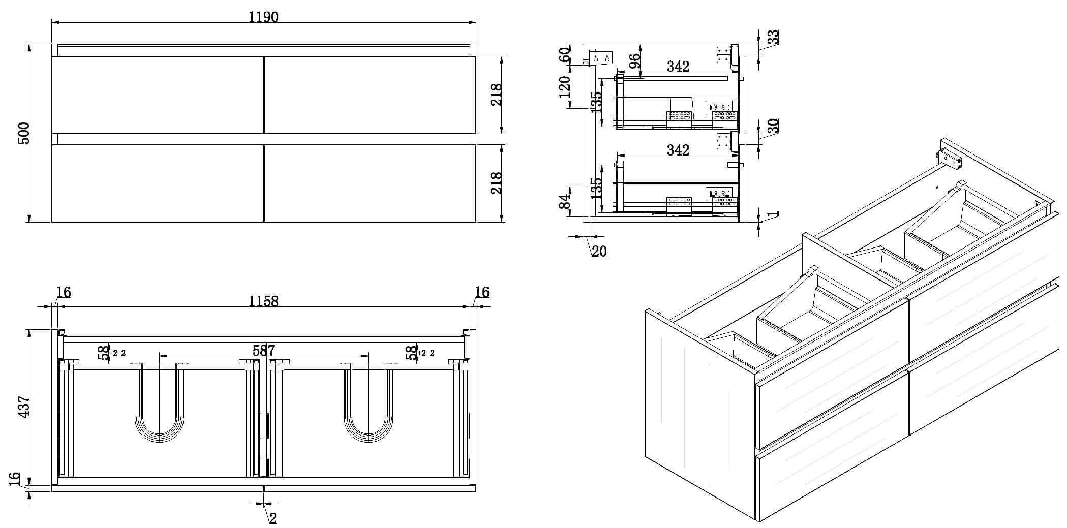 Vision onderkast met 4 laden 2 uitsparingen 120 x 46 cm houtnerf grijs
