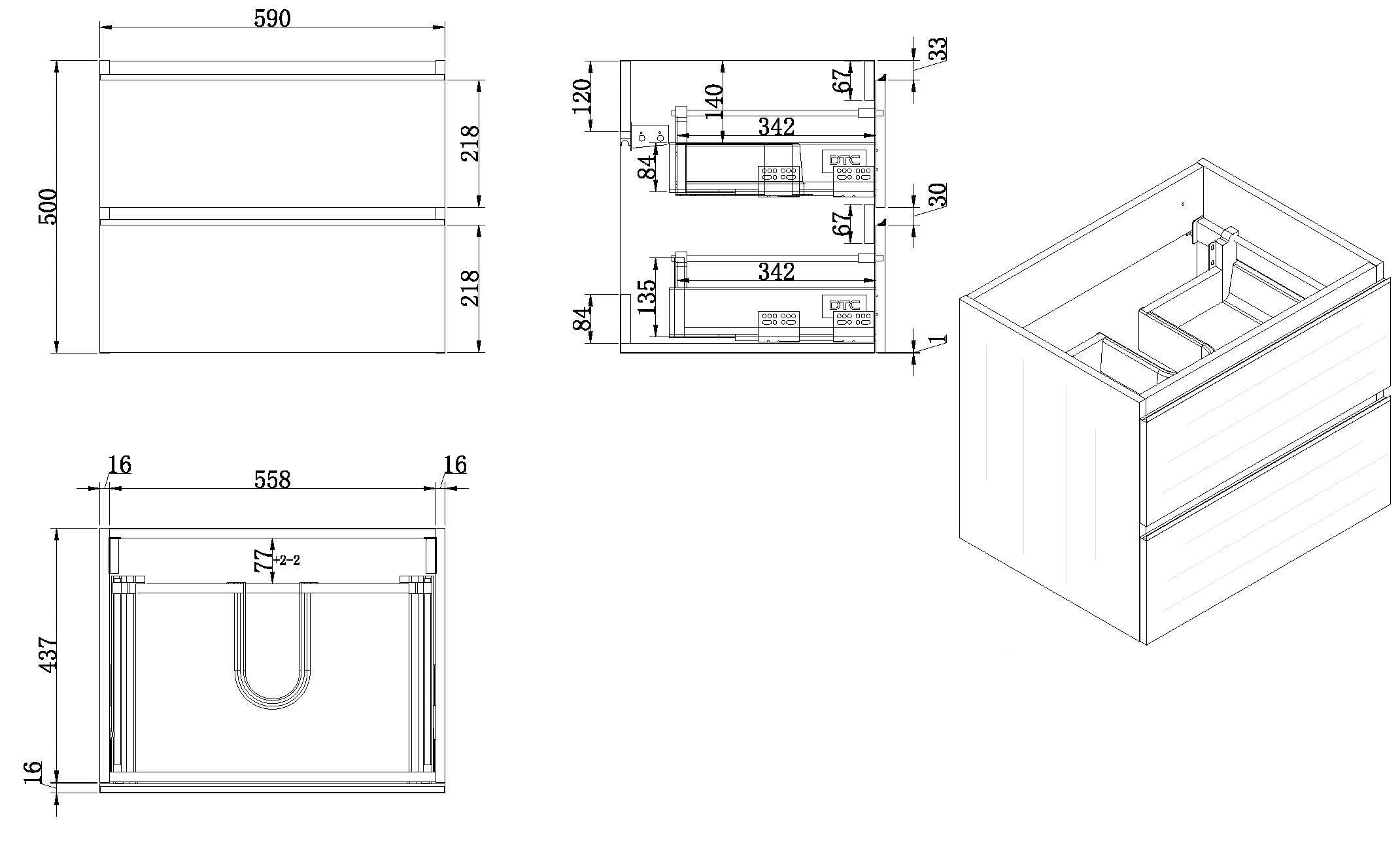Tigris onderkast met 2 laden 60 x 46 cm houtnerf grijs