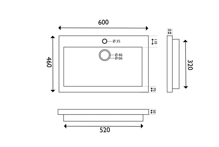 Wiesbaden Hardsteen Wastafel 60x46x5 cm met 1 Kraangat