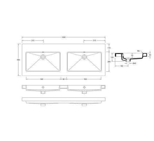 Wiesbaden Keramische Wastafel 60, 80, 100, 120 cm met 0, 1 of 2 Kraangaten