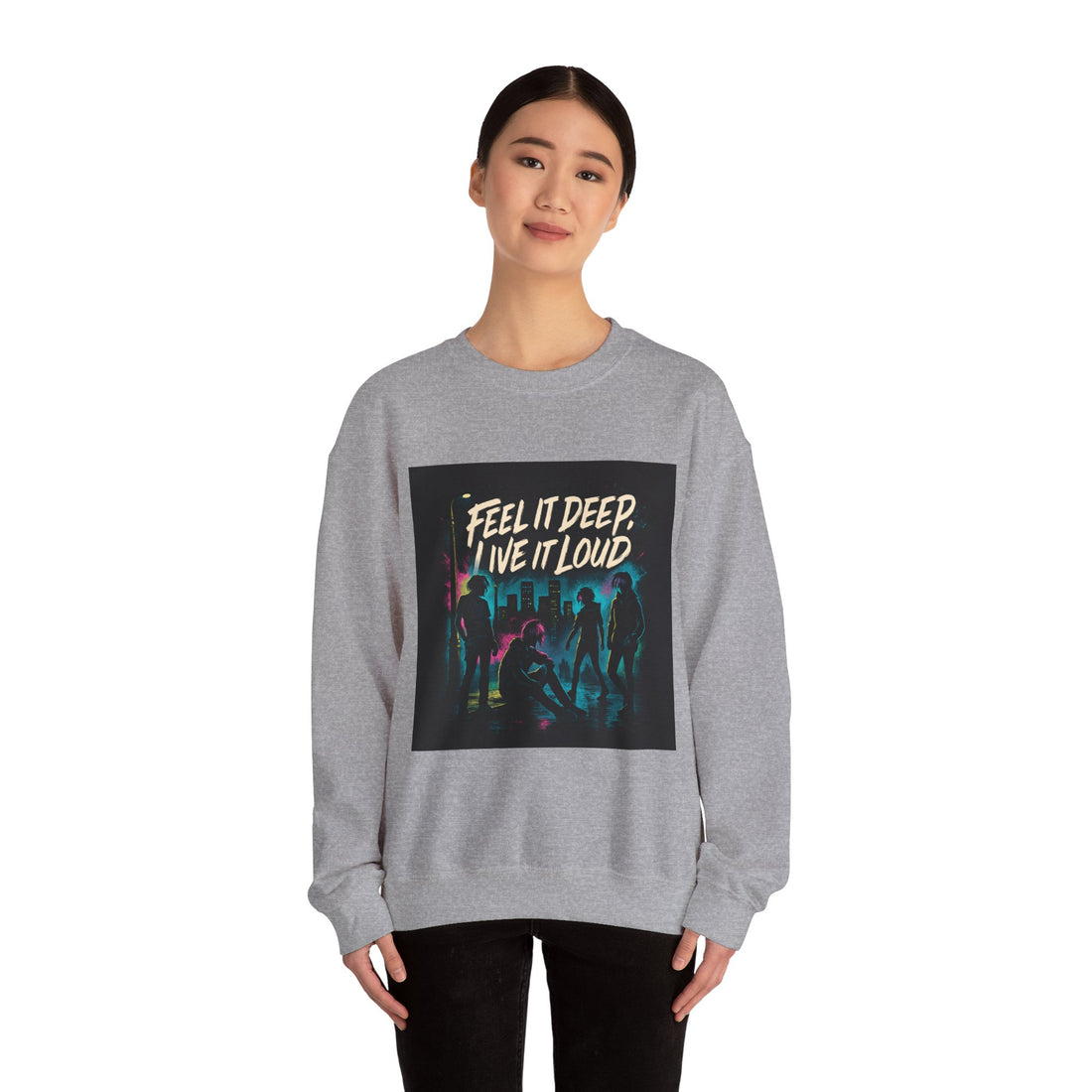 Crewneck Sweatshirt — "Feel It Deep, Live It Loud" Neon Concert Graphic