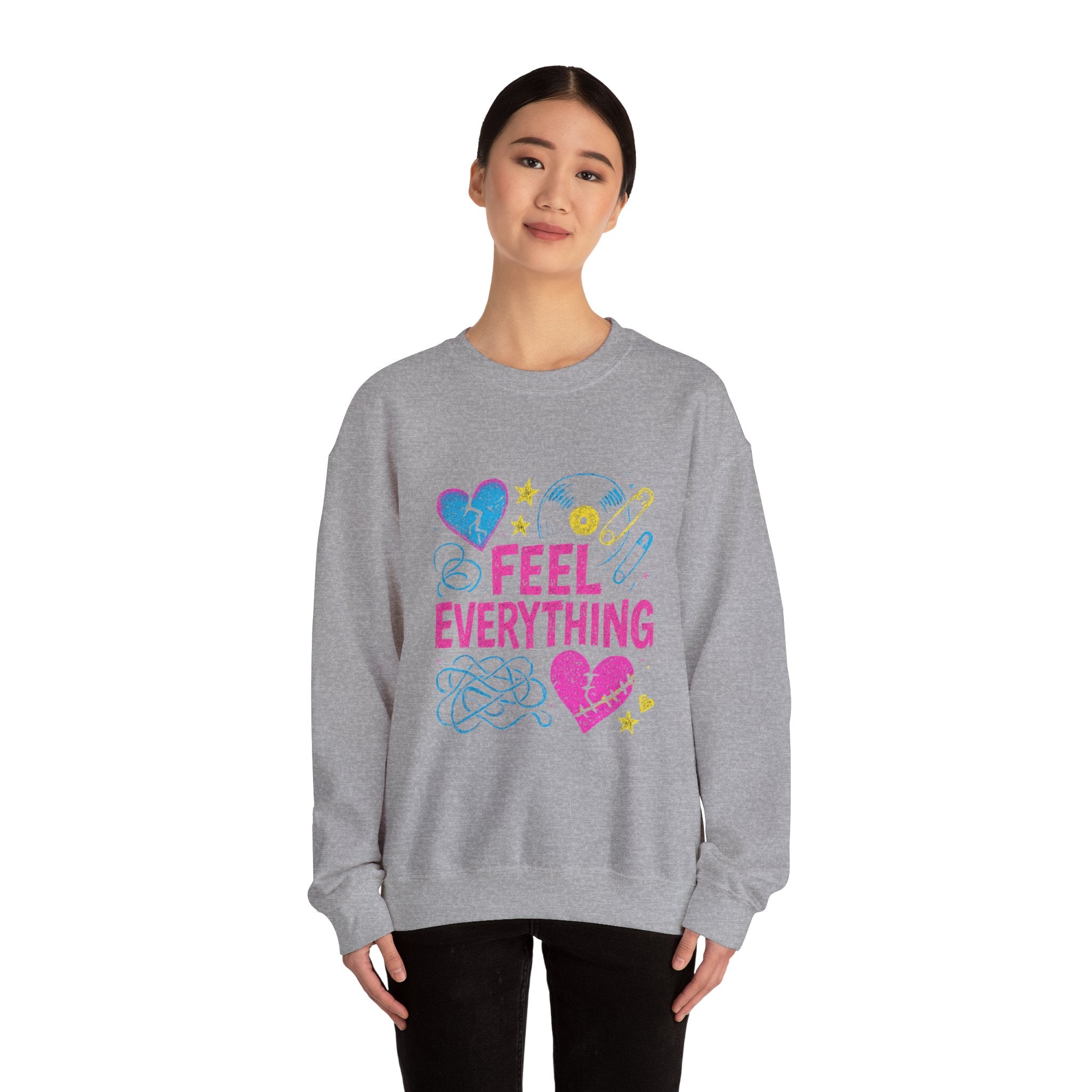 Crewneck Sweatshirt — "Feel Everything" Colorful Heart & Vinyl Graphic