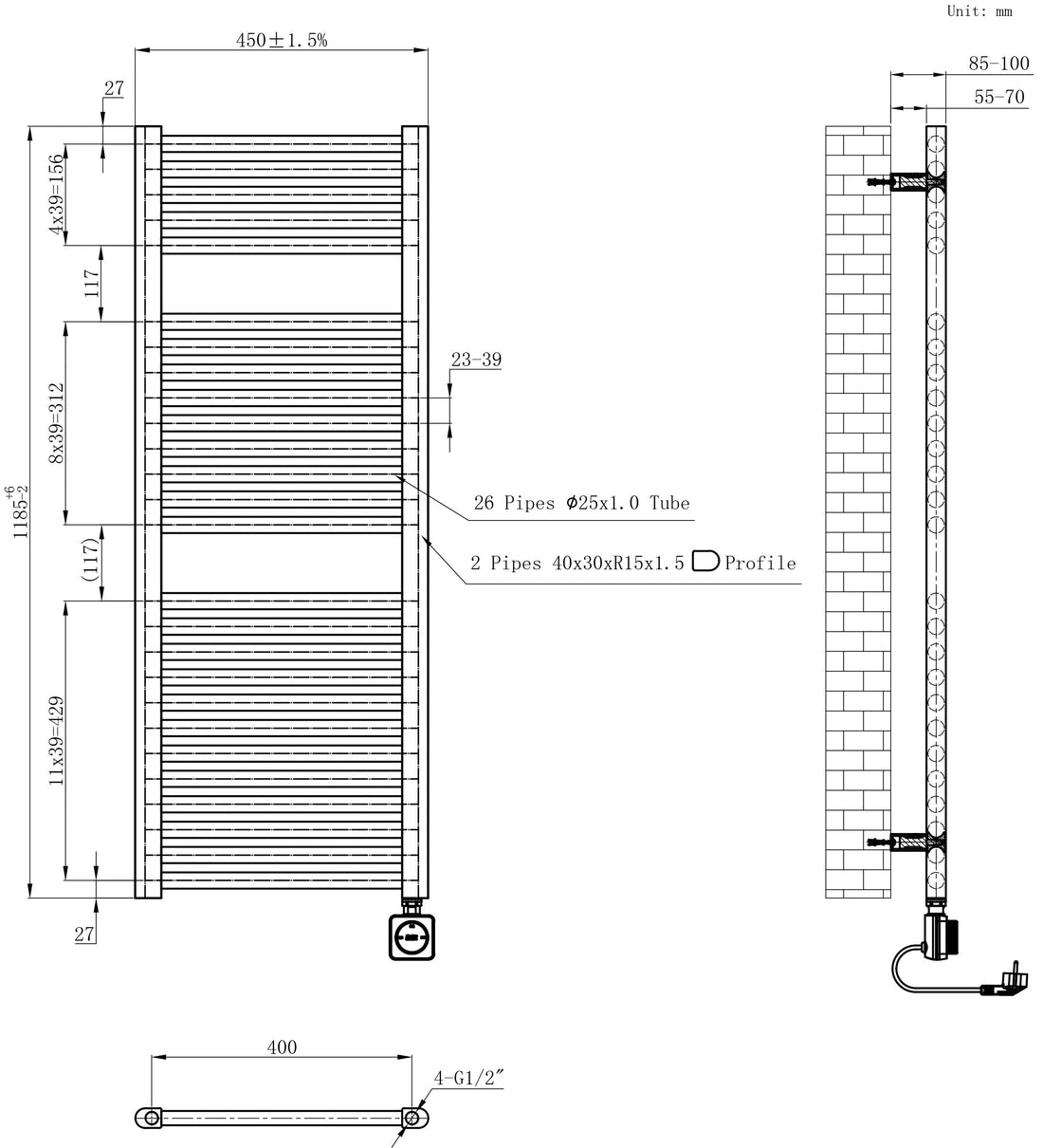 Elara elektrische radiator Smart WiFi 118,5 x 45 cm mat zwart