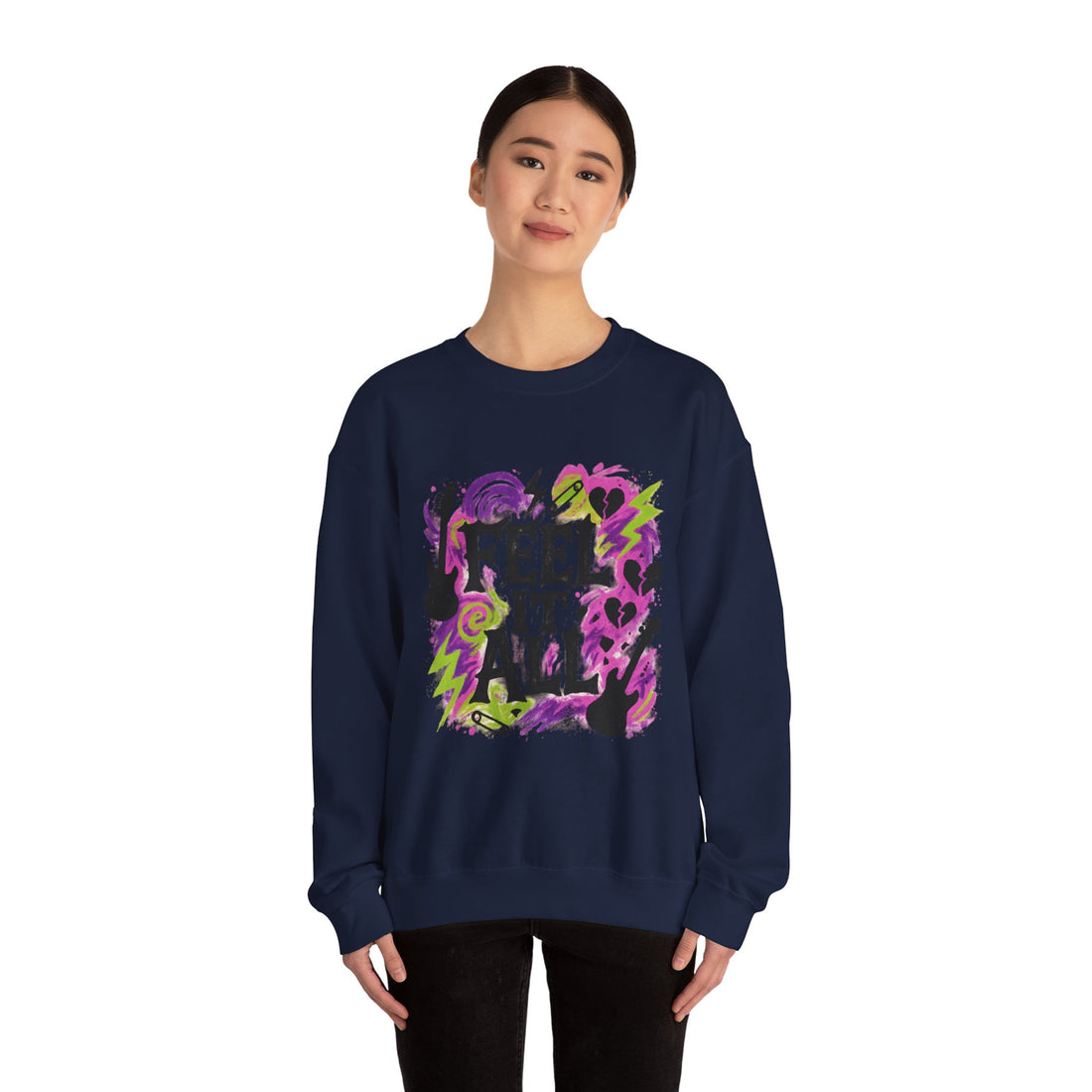 Feel It All Crewneck Sweatshirt — Retro Neon Music Graphic