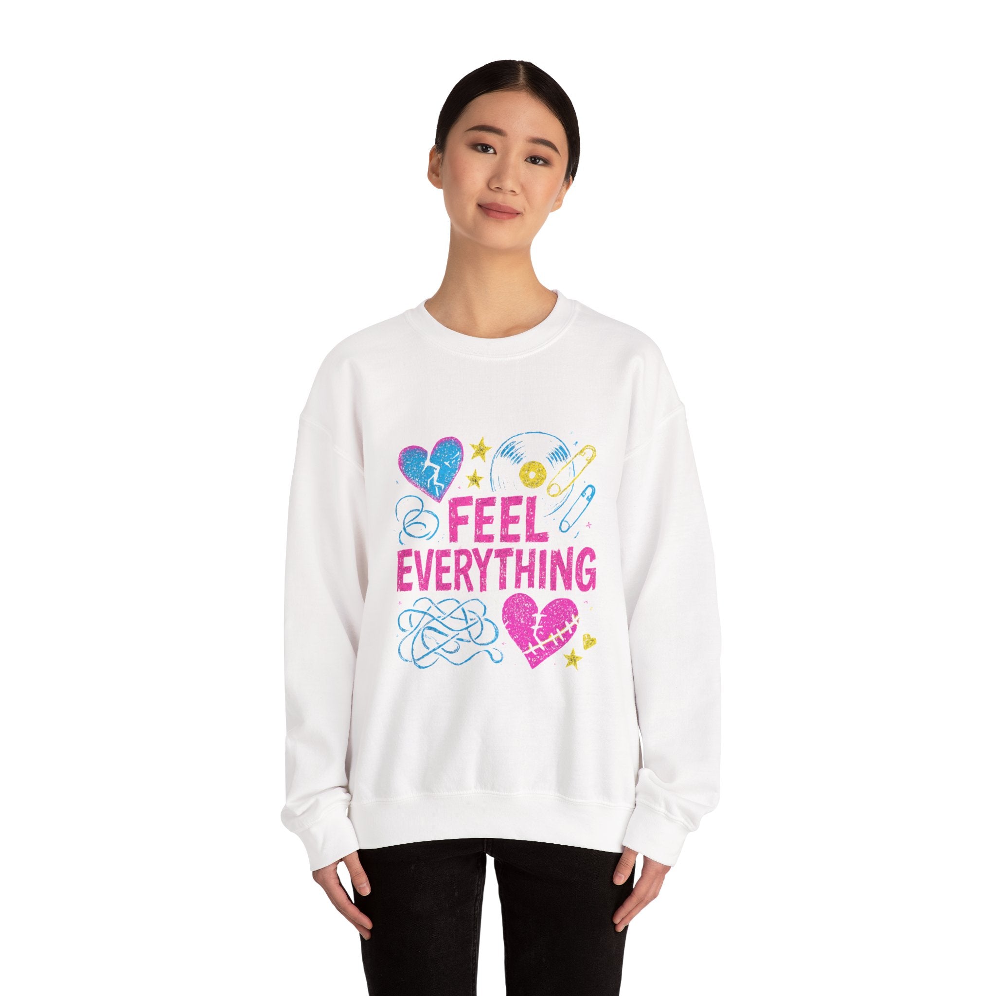 Crewneck Sweatshirt — "Feel Everything" Colorful Heart & Vinyl Graphic
