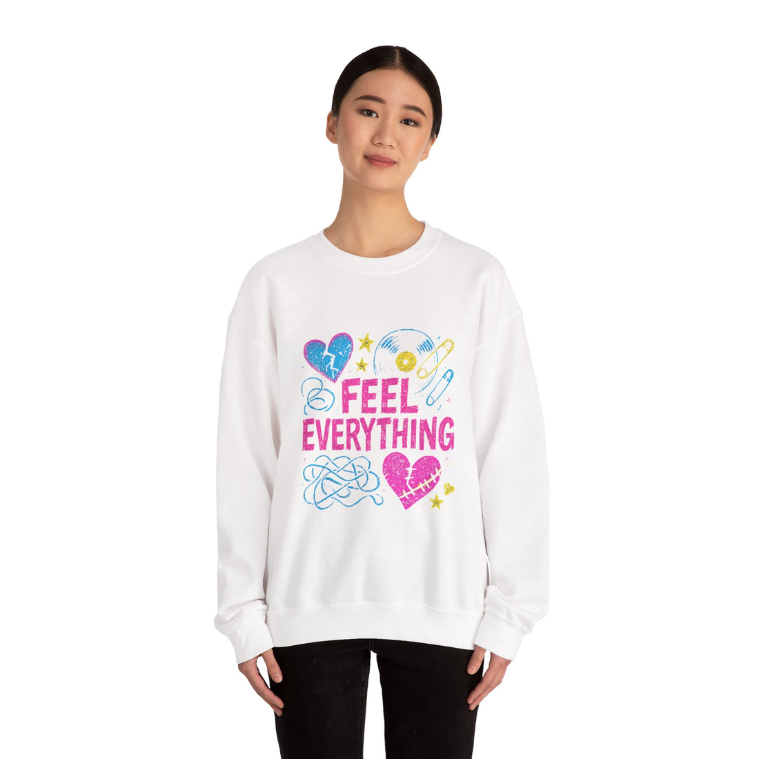 Crewneck Sweatshirt — "Feel Everything" Colorful Heart & Vinyl Graphic
