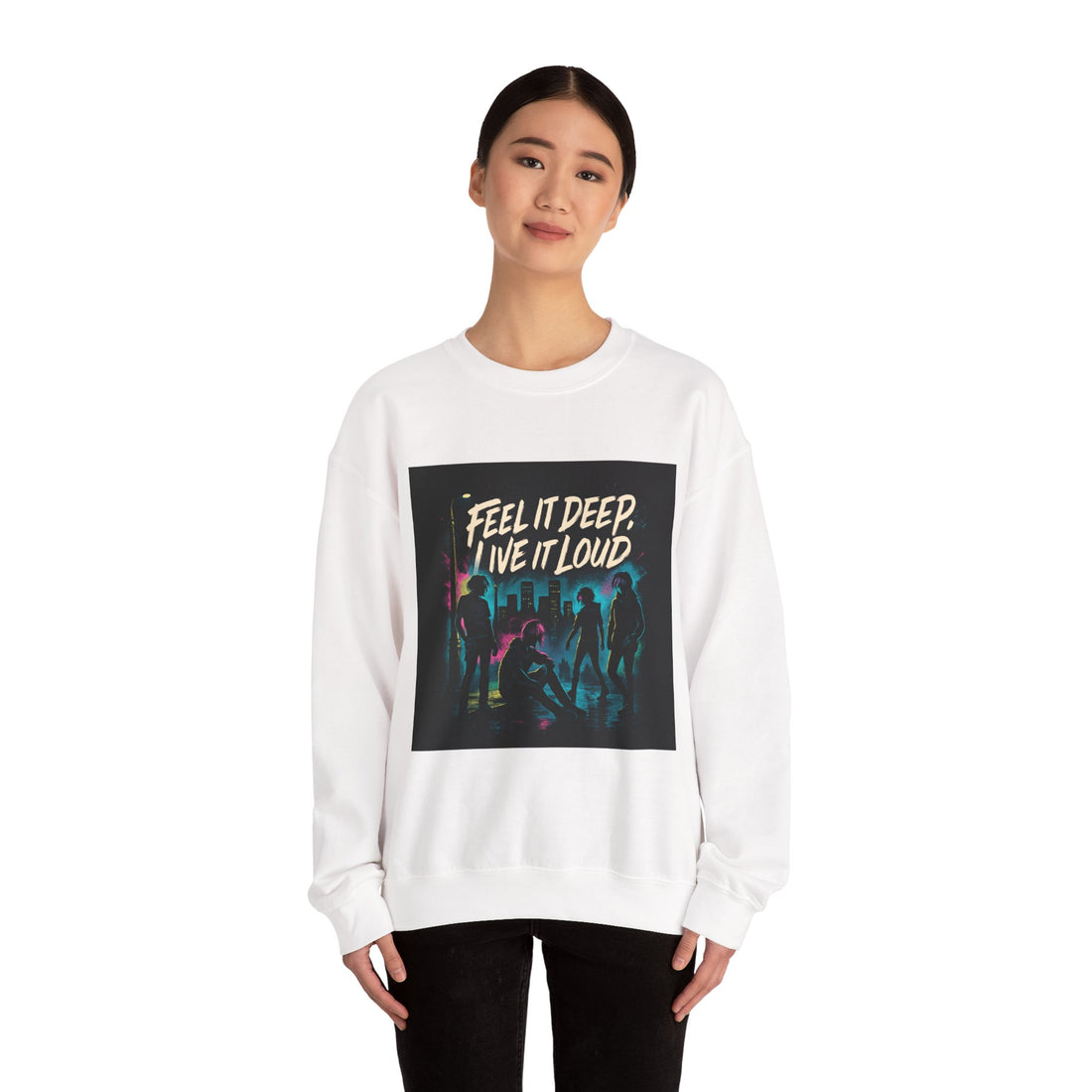 Crewneck Sweatshirt — "Feel It Deep, Live It Loud" Neon Concert Graphic