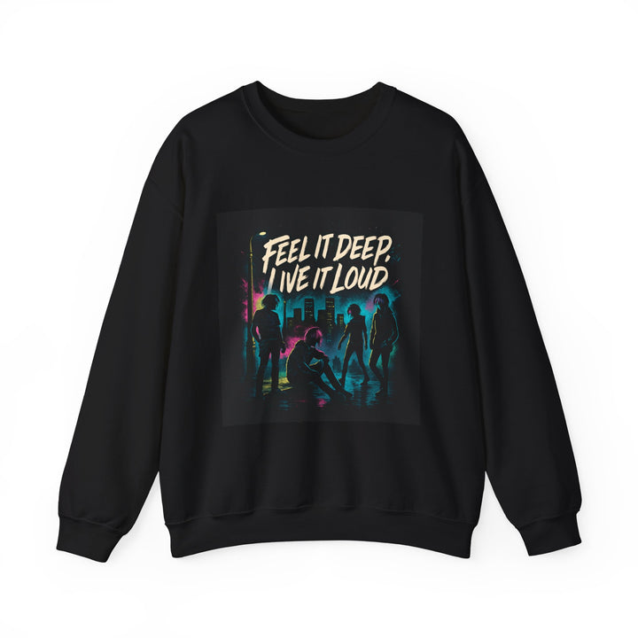 Crewneck Sweatshirt — "Feel It Deep, Live It Loud" Neon Concert Graphic