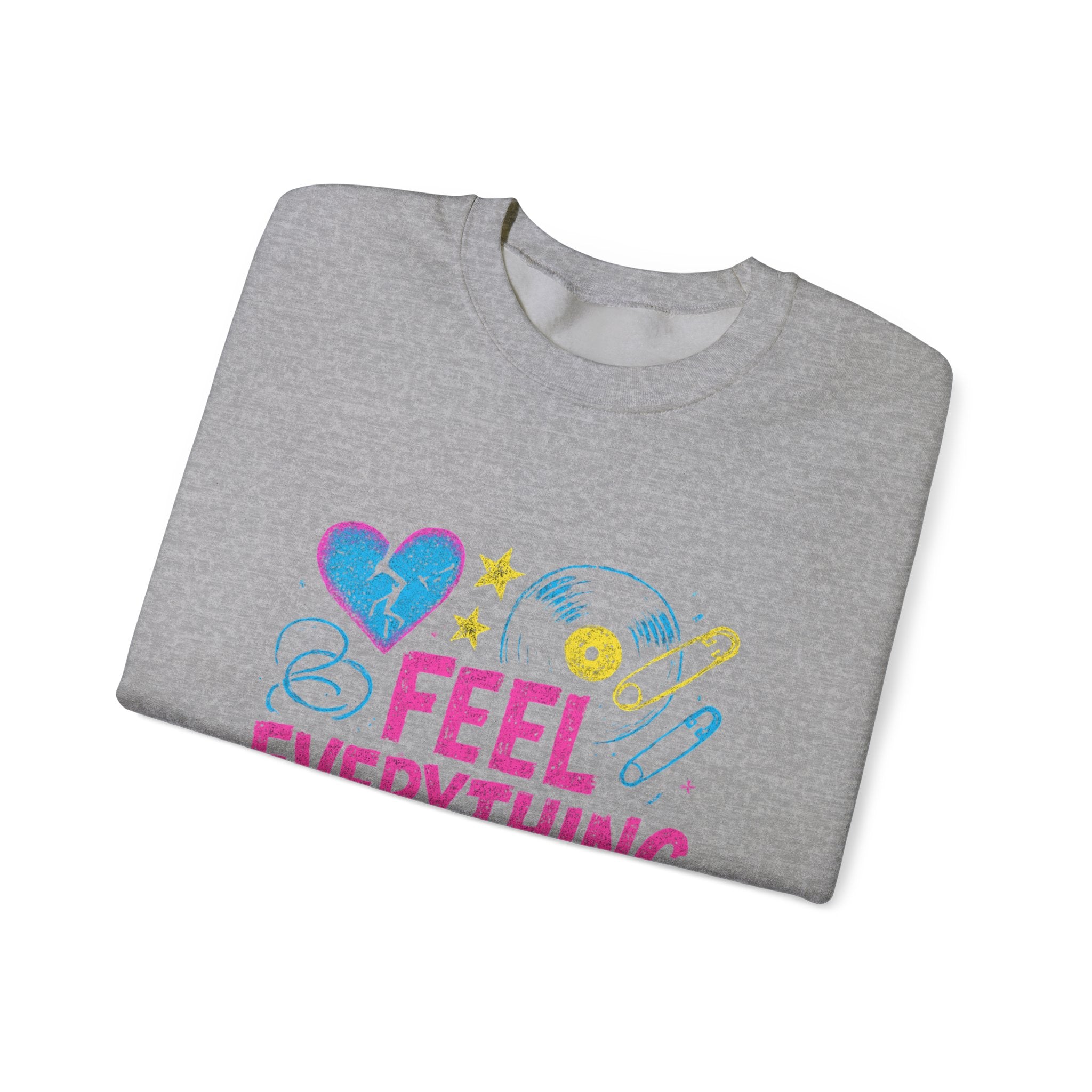 Crewneck Sweatshirt — "Feel Everything" Colorful Heart & Vinyl Graphic