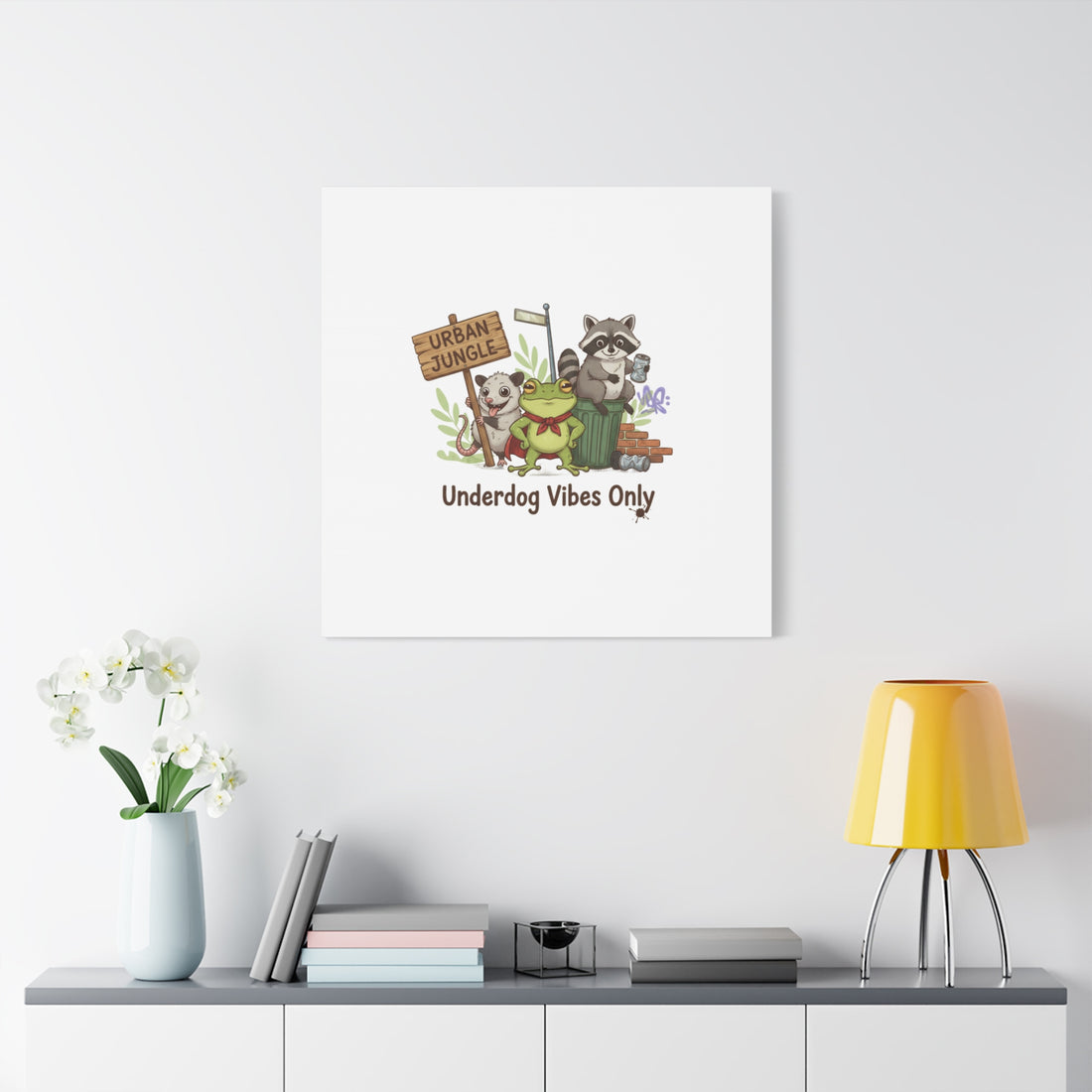Underdog Vibes Only Canvas | Trash Panda Raccoon Frog Possum Art, goofy critter meme