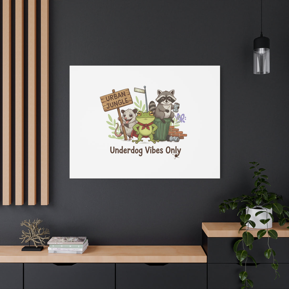 Underdog Vibes Only Canvas | Trash Panda Raccoon Frog Possum Art, goofy critter meme