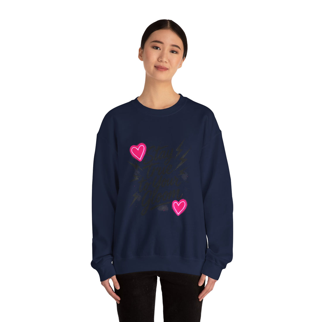 Crewneck Sweatshirt — "Stay True to Your Gloom" Pink Heart Graphic