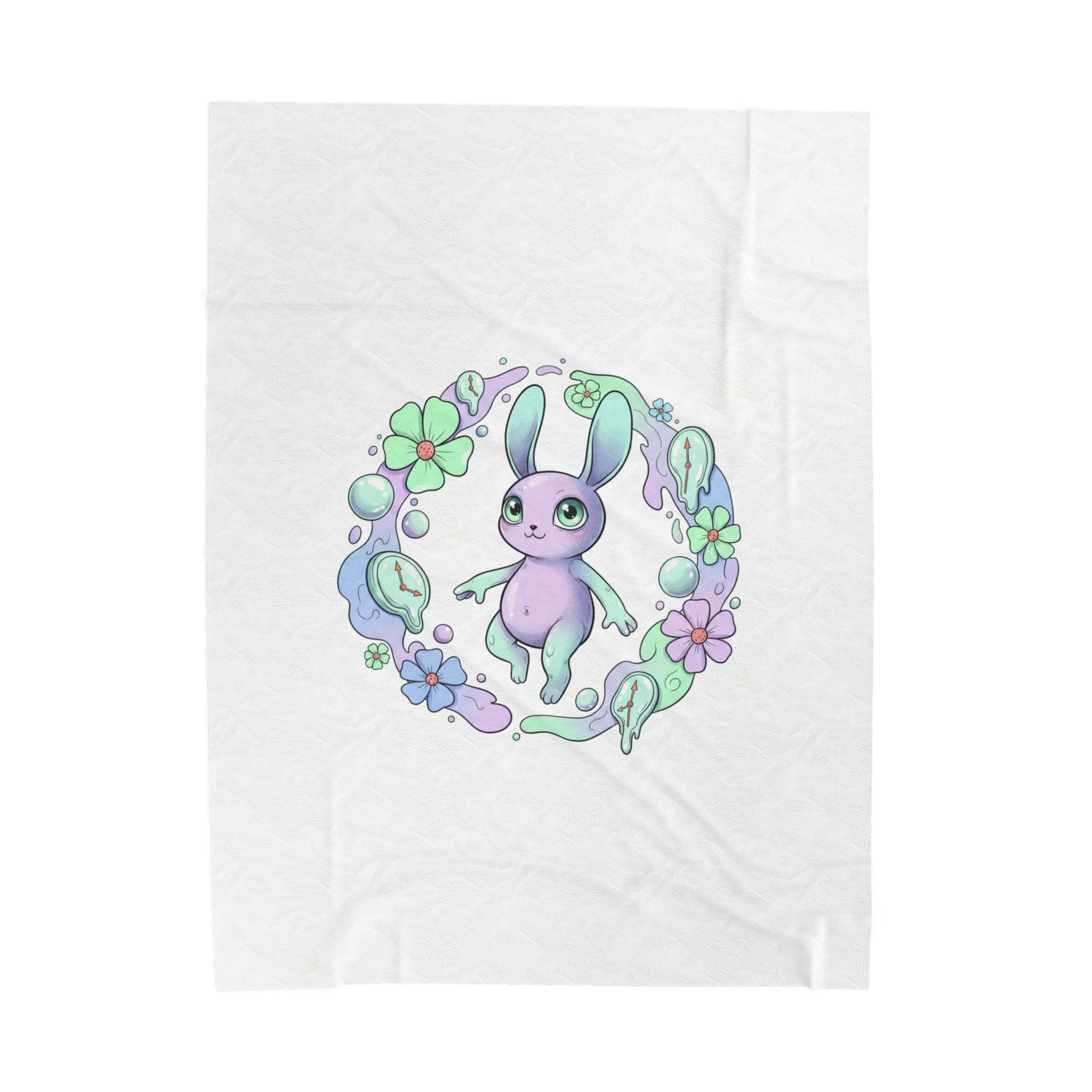 Weirdcore Micro‑Surreal Bunny Wreath Velveteen Plush Blanket | pastel surreal art