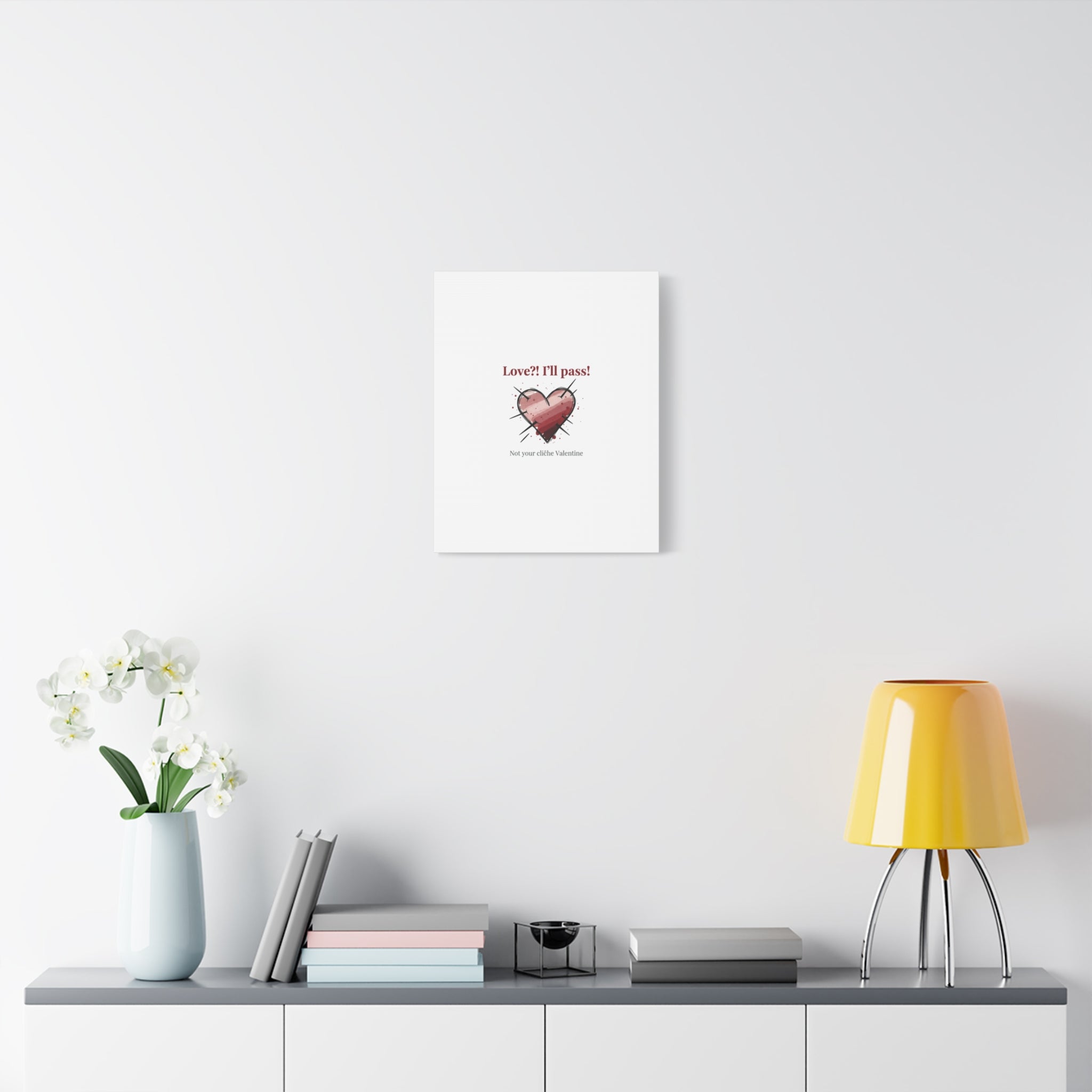 Love?! I'll Pass Canvas, Hearts‑with‑a‑Twist anti‑Valentine wall art