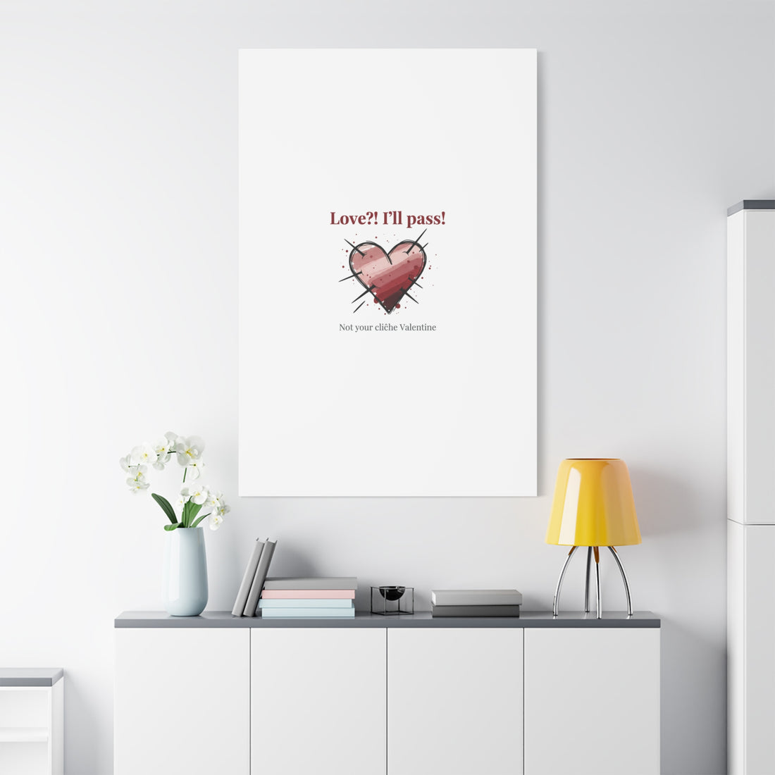 Love?! I'll Pass Canvas, Hearts‑with‑a‑Twist anti‑Valentine wall art