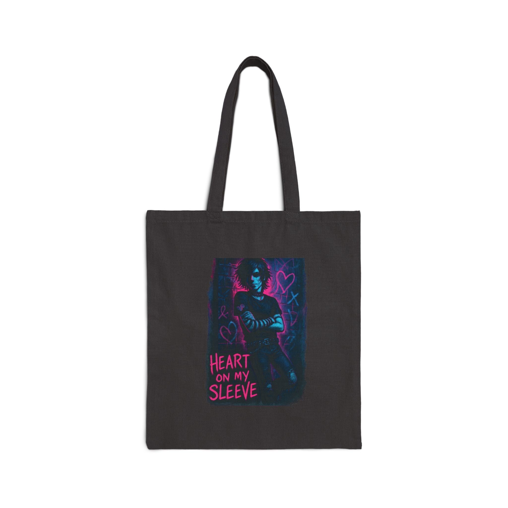 Heart On My Sleeve Canvas Tote Bag – Neon Goth Illustration | Gothic Aesthetic Reusable Shopper