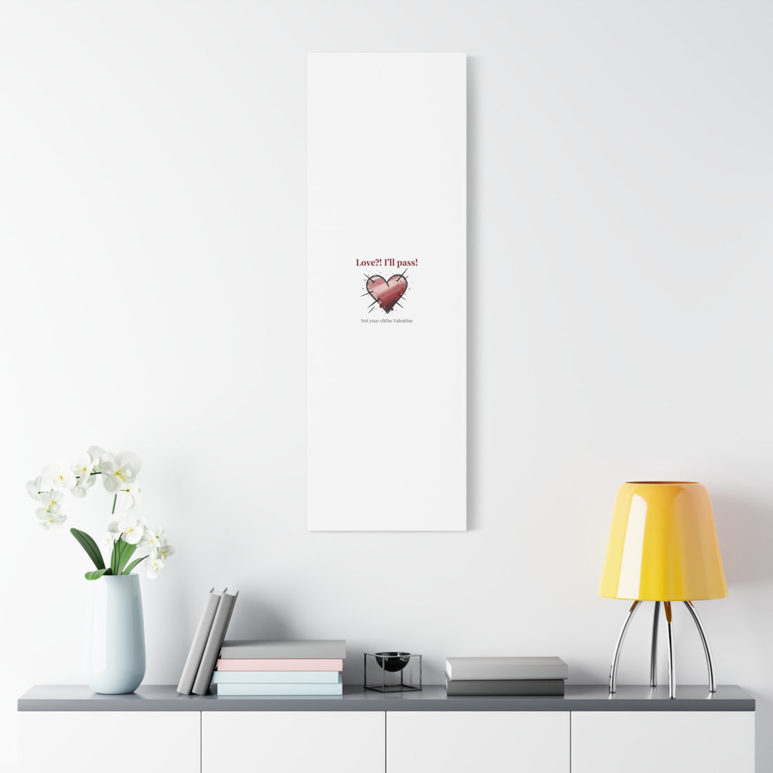 Love?! I'll Pass Canvas, Hearts‑with‑a‑Twist anti‑Valentine wall art
