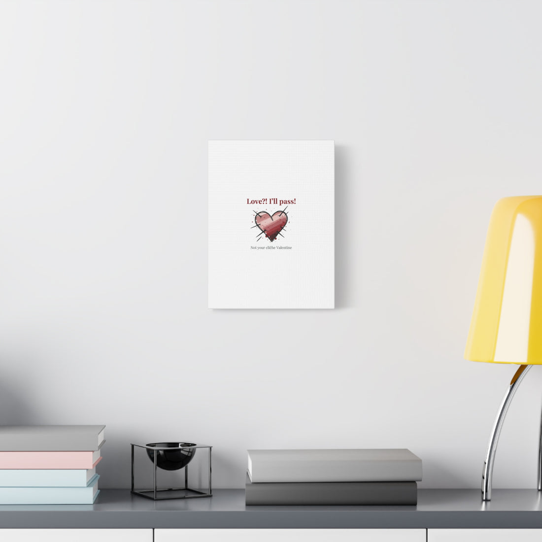 Love?! I'll Pass Canvas, Hearts‑with‑a‑Twist anti‑Valentine wall art