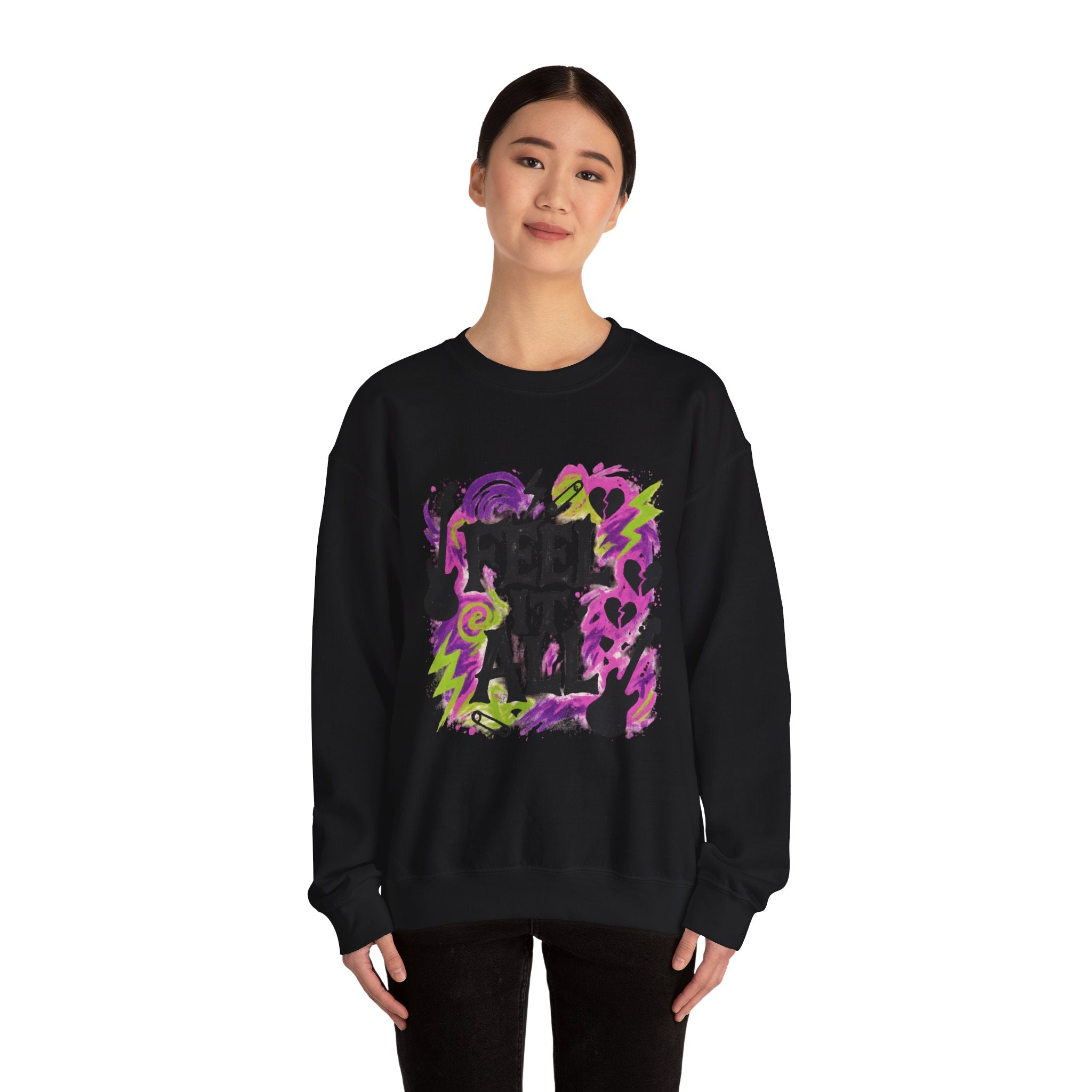 Feel It All Crewneck Sweatshirt — Retro Neon Music Graphic