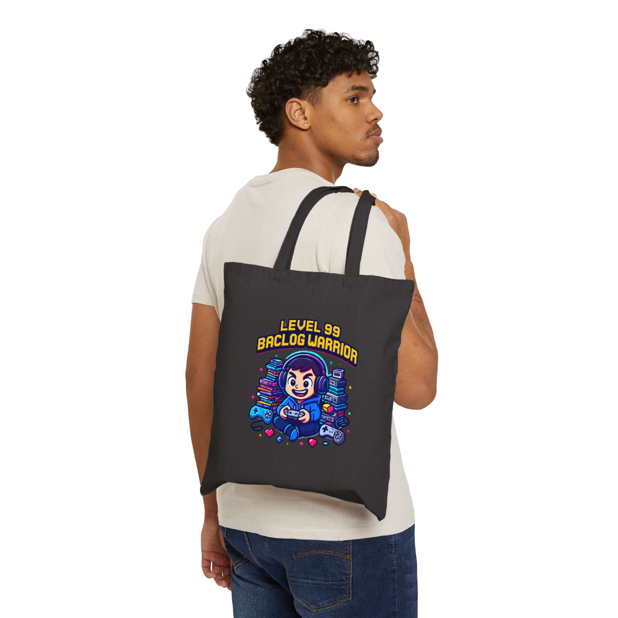 Tote Bag — “Level 99 Baclog Warrior” Gamer Canvas Tote (Cute Retro Arcade Design)