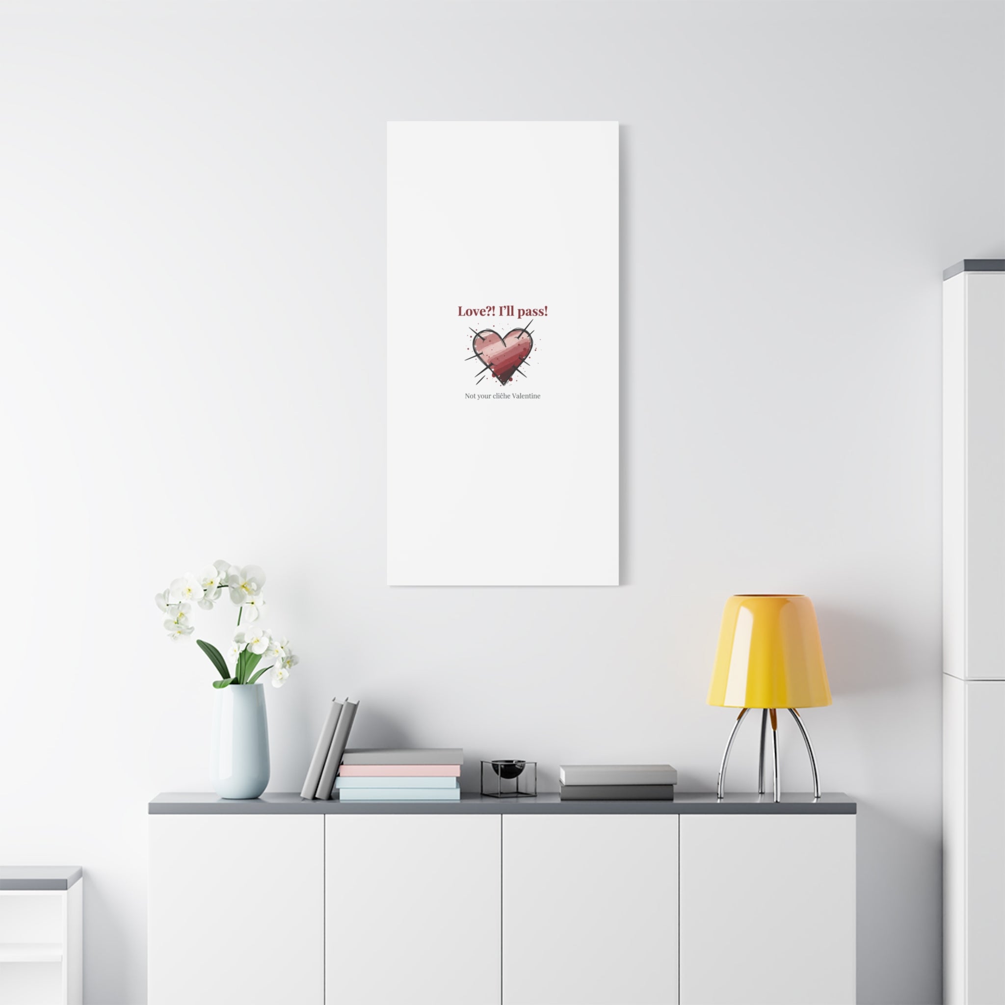 Love?! I'll Pass Canvas, Hearts‑with‑a‑Twist anti‑Valentine wall art