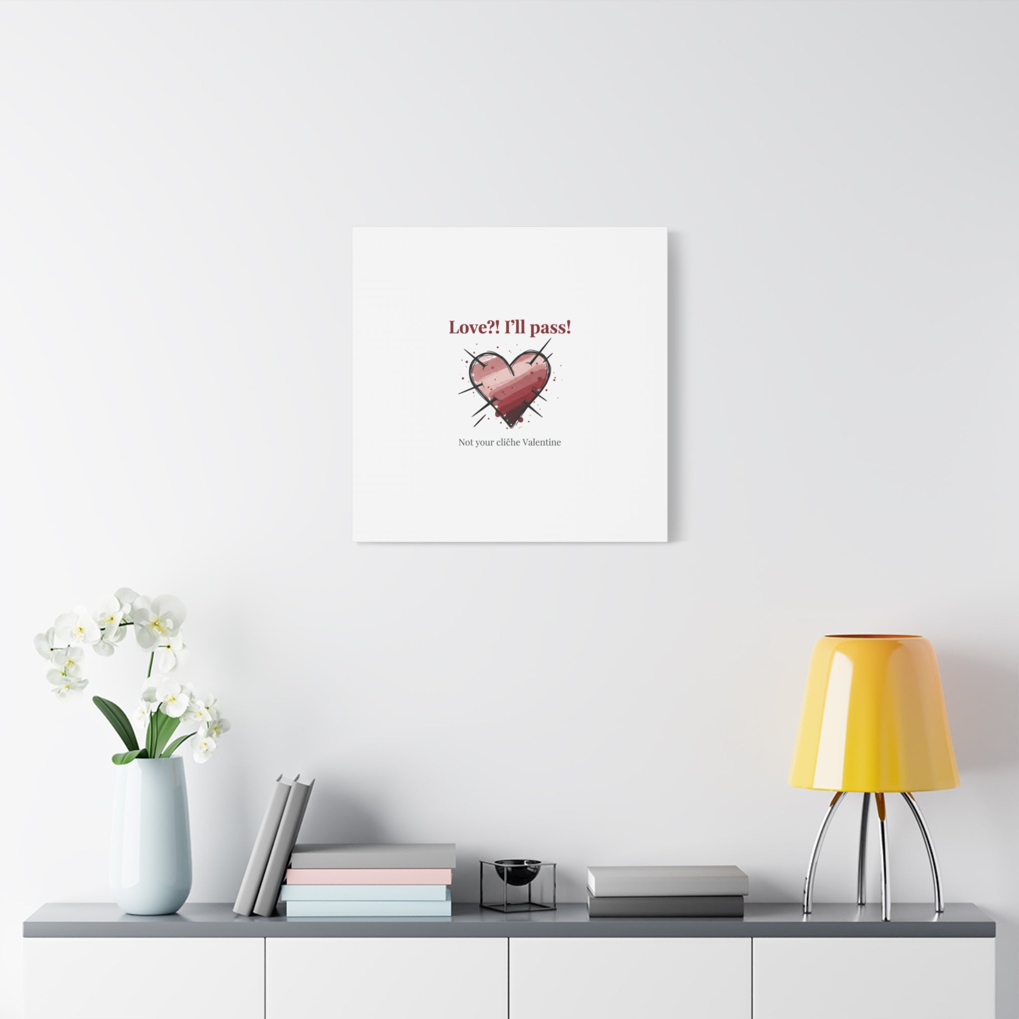 Love?! I'll Pass Canvas, Hearts‑with‑a‑Twist anti‑Valentine wall art