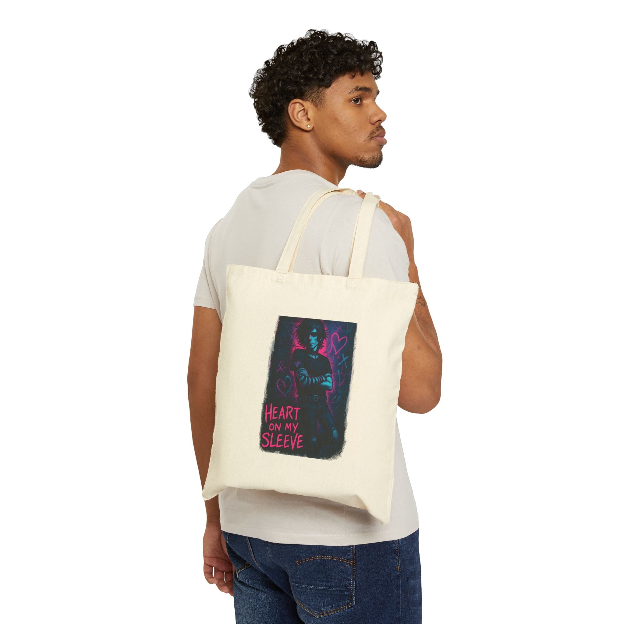 Heart On My Sleeve Canvas Tote Bag – Neon Goth Illustration | Gothic Aesthetic Reusable Shopper
